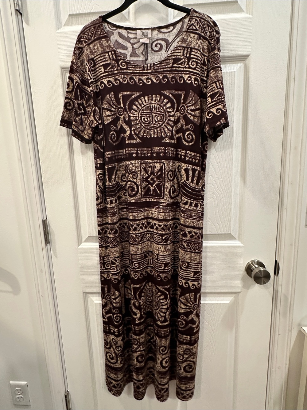 Jostar vintage aztec print liquid knit short sleeve maxi dress size L EUC